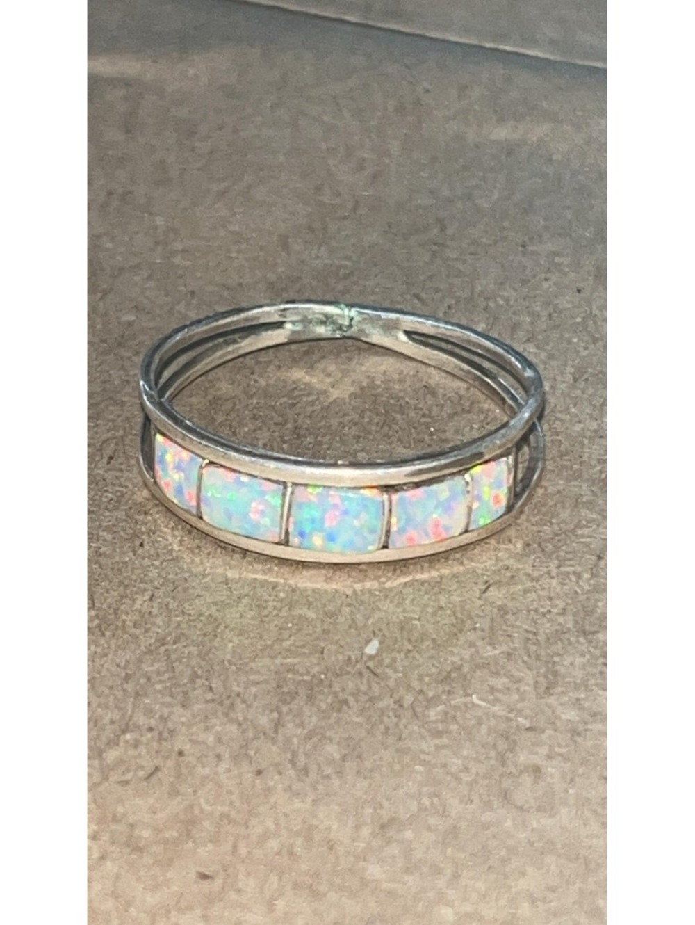 Native American Zuni handmade cluster opal sterling silver inlay ring size 13.5